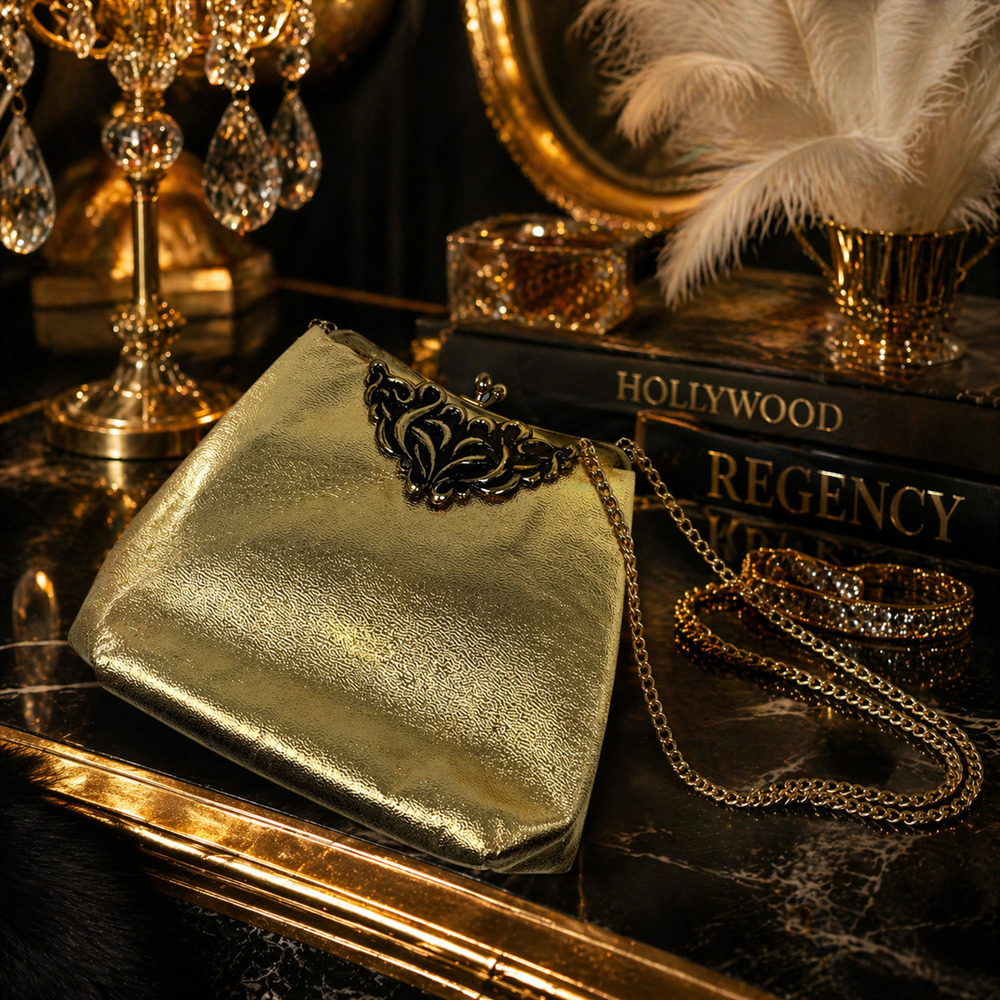 Vintage Gold Metallic Kisslock Mini Frame Bag Hollywood Regency Special Occasion